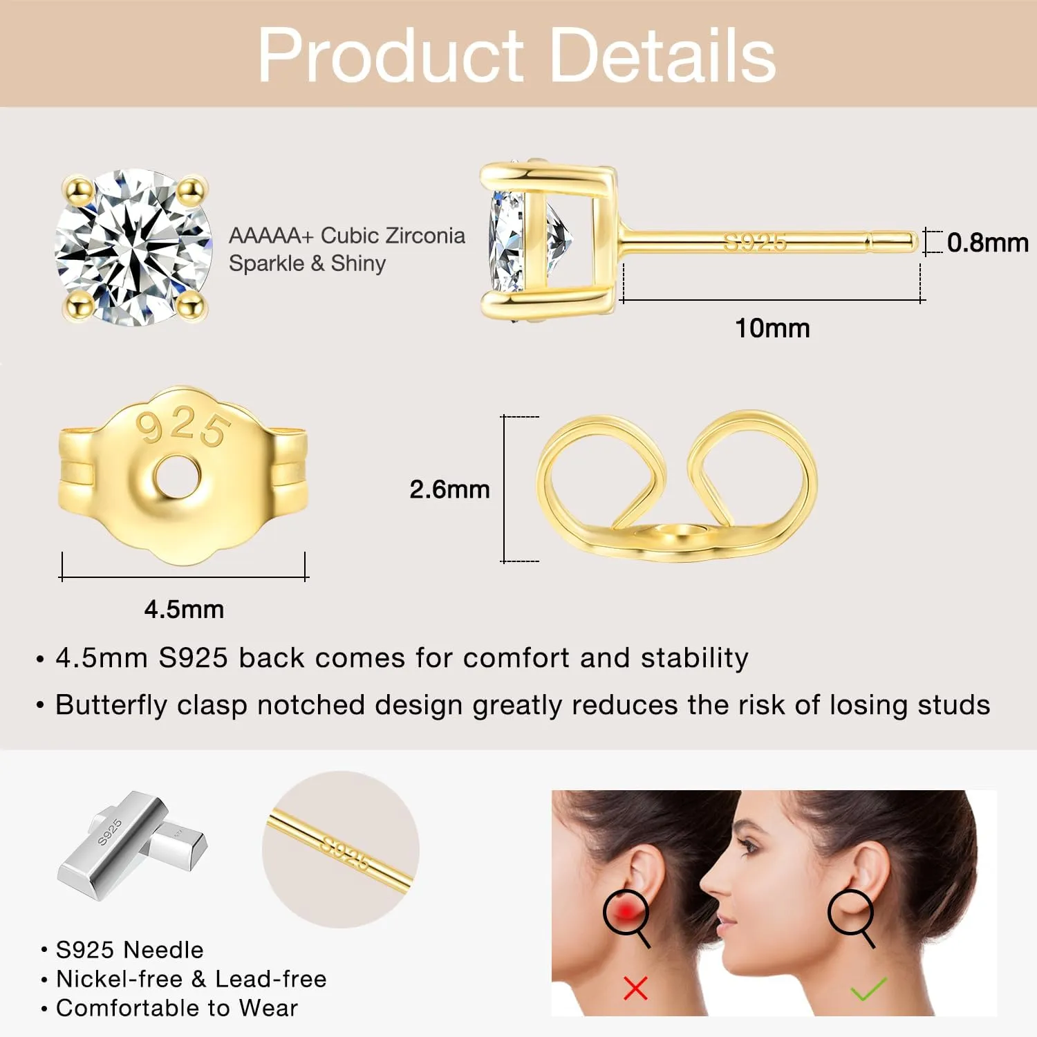 Jewlpire 925 Sterling Silver Stud Earrings for Women Men, 14K Plated Gold Stud Earrings for Women, Round/Princess Cut Cubic Zirconia Earrings Studs, Stud Earrings 3mm 4mm 5mm 6mm 7mm