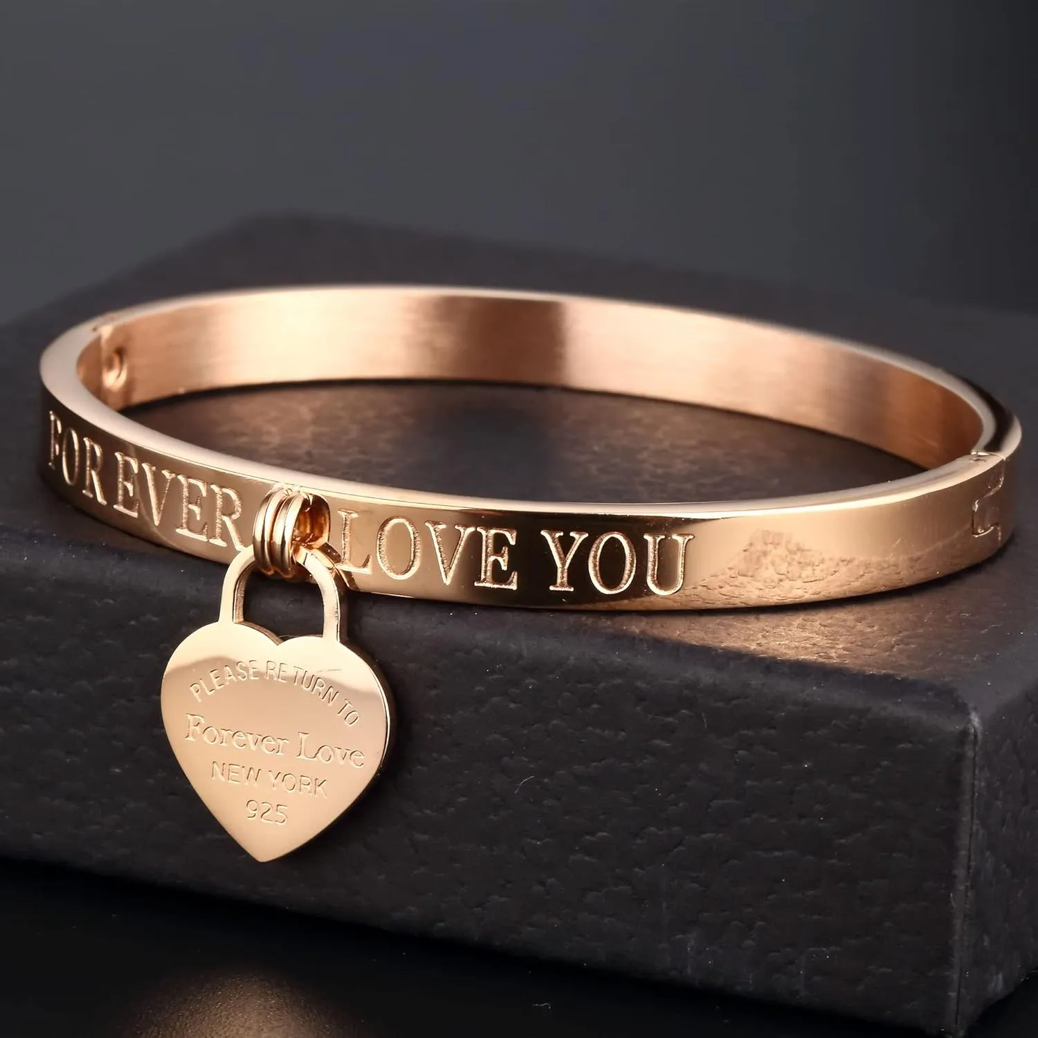 JINHUI Gold Bangles Bracelets for Women, Love Heart Dangle Charm Dainty Womens Bangles Bracelets Hollow out 18K Plated Engraved Stainless Steel 6.5