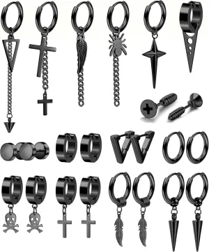 JOERICA 24Pcs Dangle Earrings for Men Stainless Steel Hinged Hoop Earrings Long Chain Stud Cross Dangle Earrings Set Earrings for Mens Black Silver