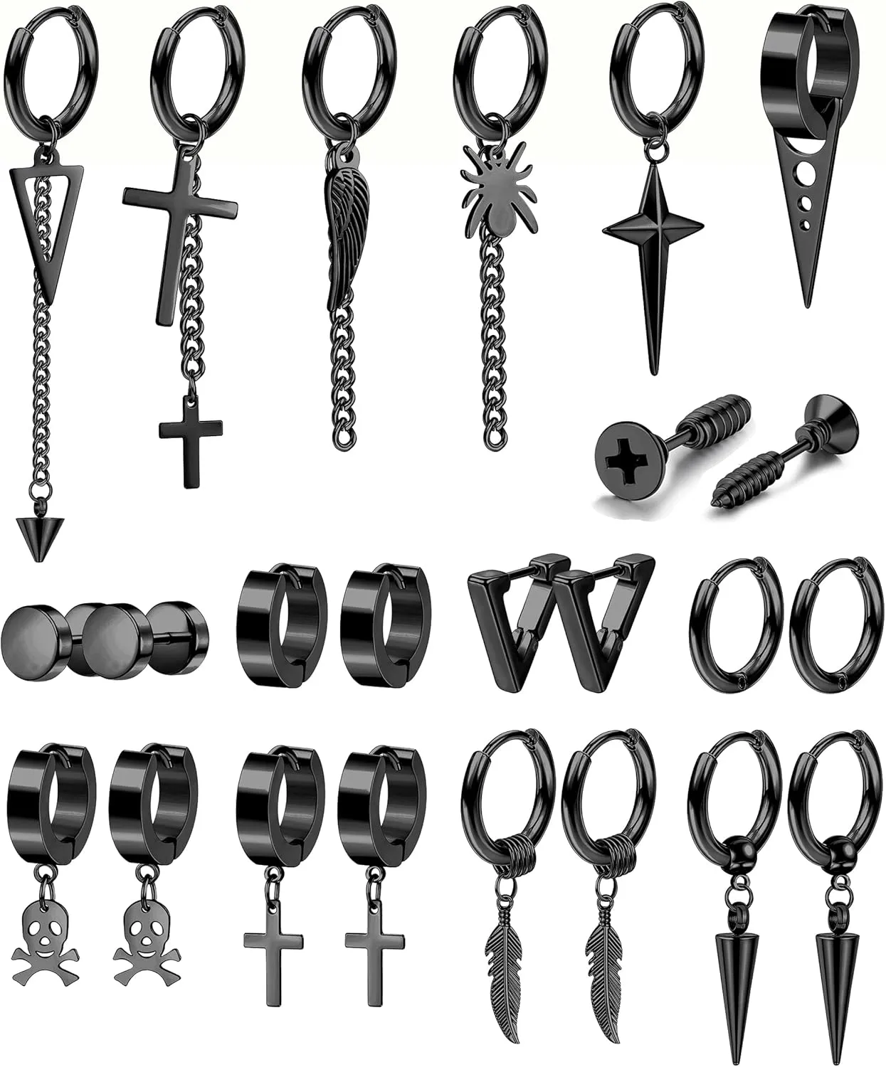JOERICA 24Pcs Dangle Earrings for Men Stainless Steel Hinged Hoop Earrings Long Chain Stud Cross Dangle Earrings Set Earrings for Mens Black Silver