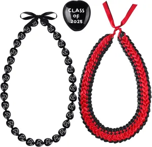 Junkin 2 Pcs Graduation Leis Class of 2025 Kukui Nut Leis Beads Necklaces Ribbon Hawaiian Necklace for Graduation Gift(Black, Red)