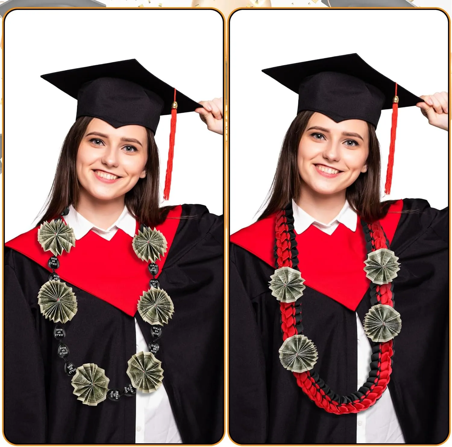 Junkin 2 Pcs Graduation Leis Class of 2025 Kukui Nut Leis Beads Necklaces Ribbon Hawaiian Necklace for Graduation Gift(Black, Red)