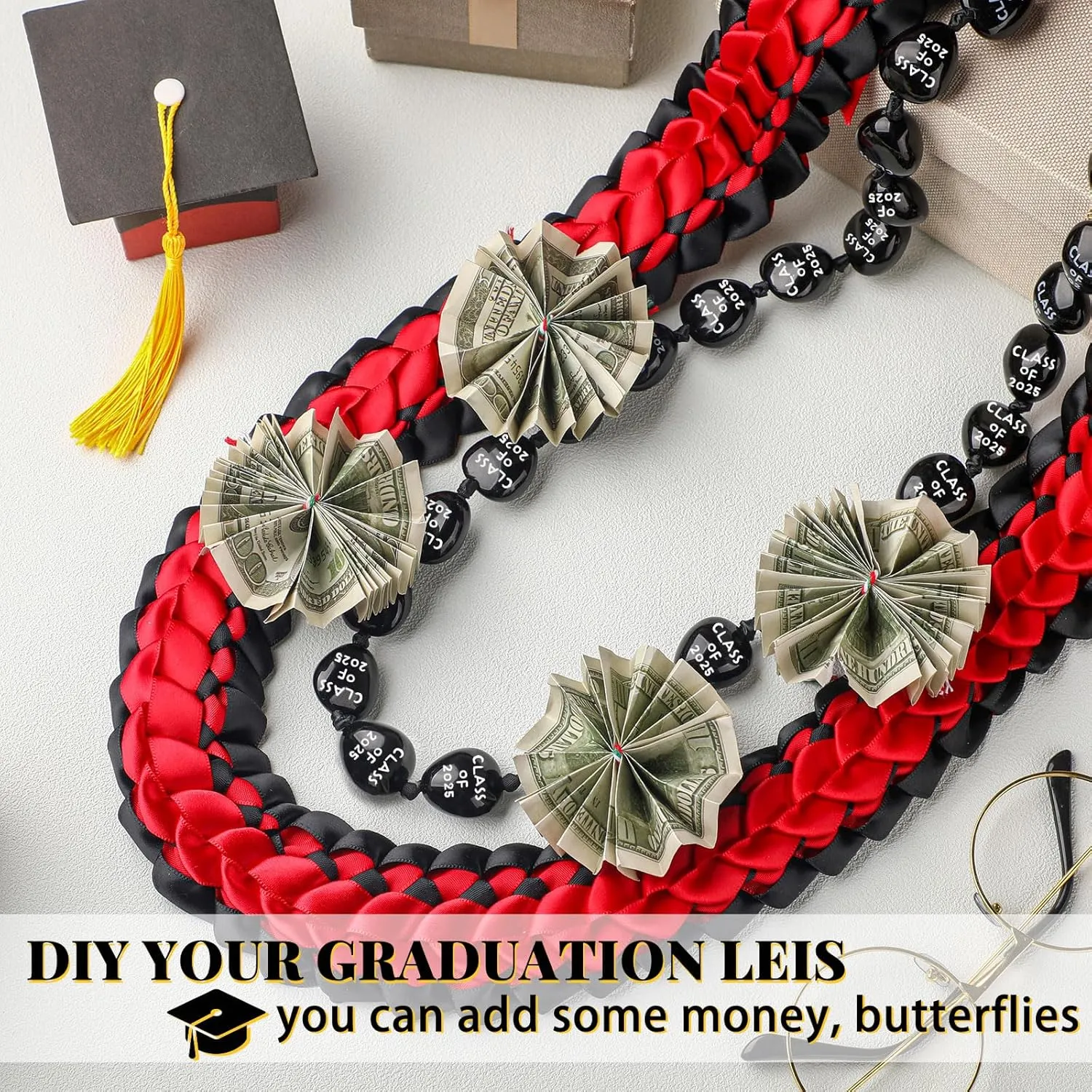 Junkin 2 Pcs Graduation Leis Class of 2025 Kukui Nut Leis Beads Necklaces Ribbon Hawaiian Necklace for Graduation Gift(Black, Red)