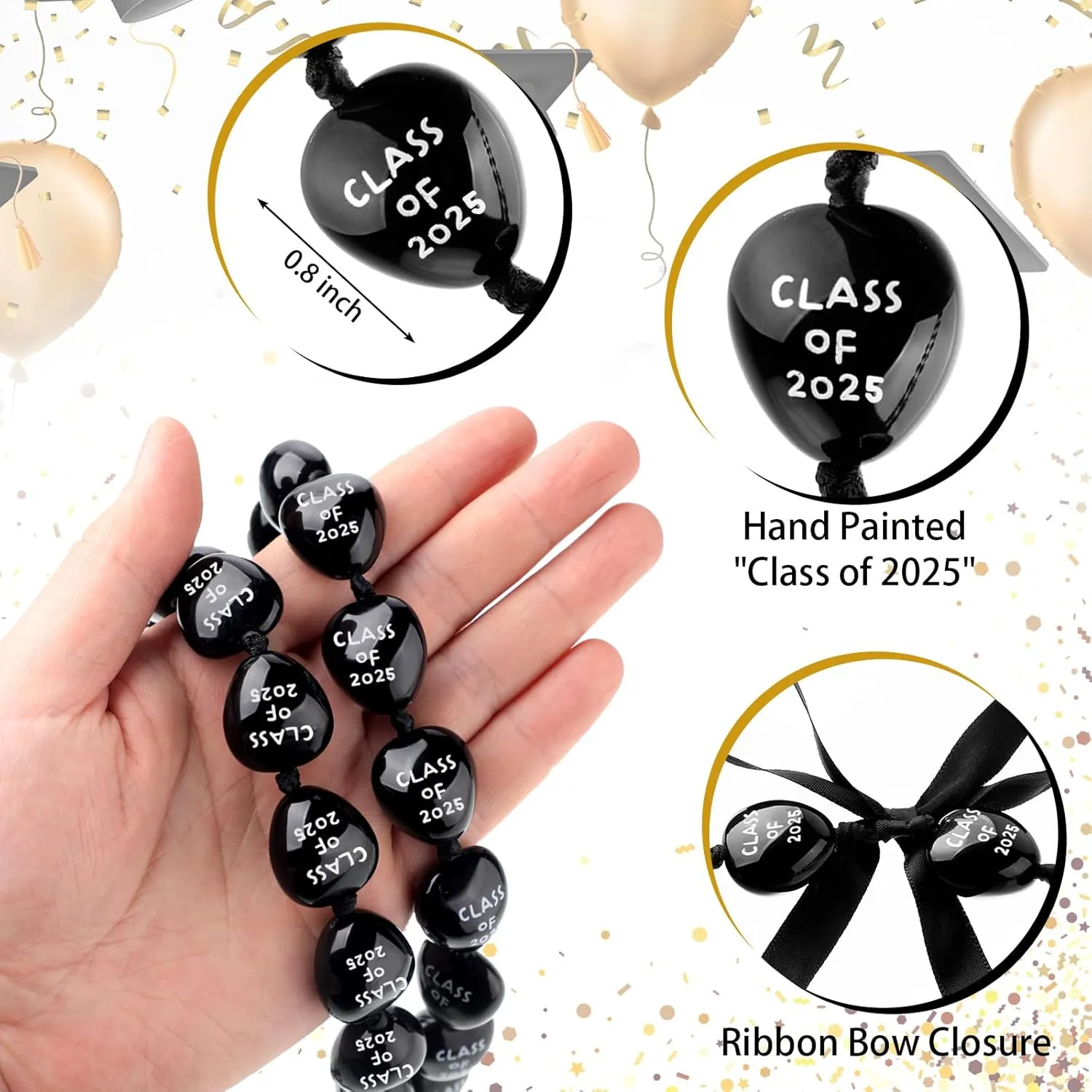 Junkin 2 Pcs Graduation Leis Class of 2025 Kukui Nut Leis Beads Necklaces Ribbon Hawaiian Necklace for Graduation Gift(Black, Red)