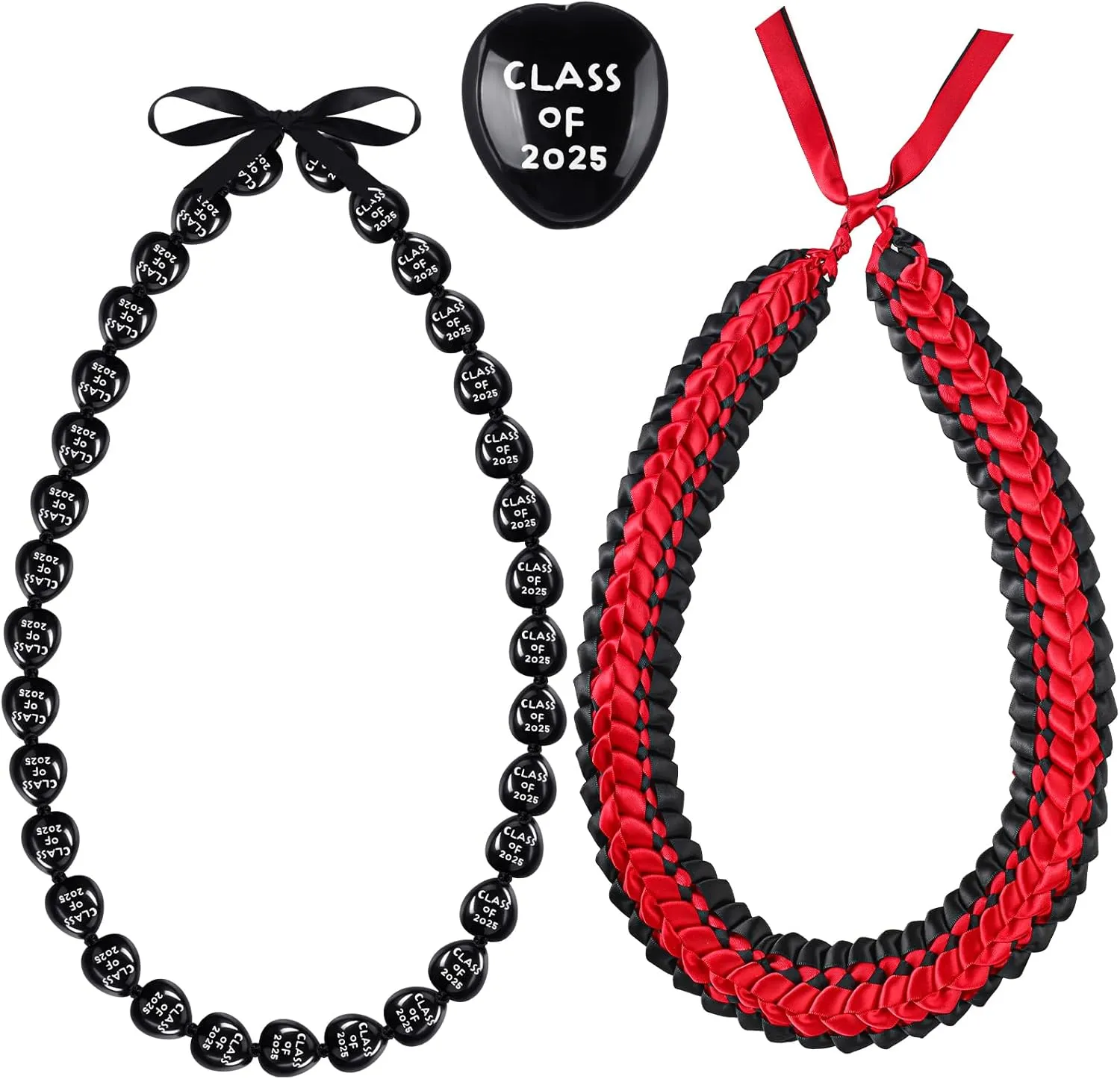 Junkin 2 Pcs Graduation Leis Class of 2025 Kukui Nut Leis Beads Necklaces Ribbon Hawaiian Necklace for Graduation Gift(Black, Red)