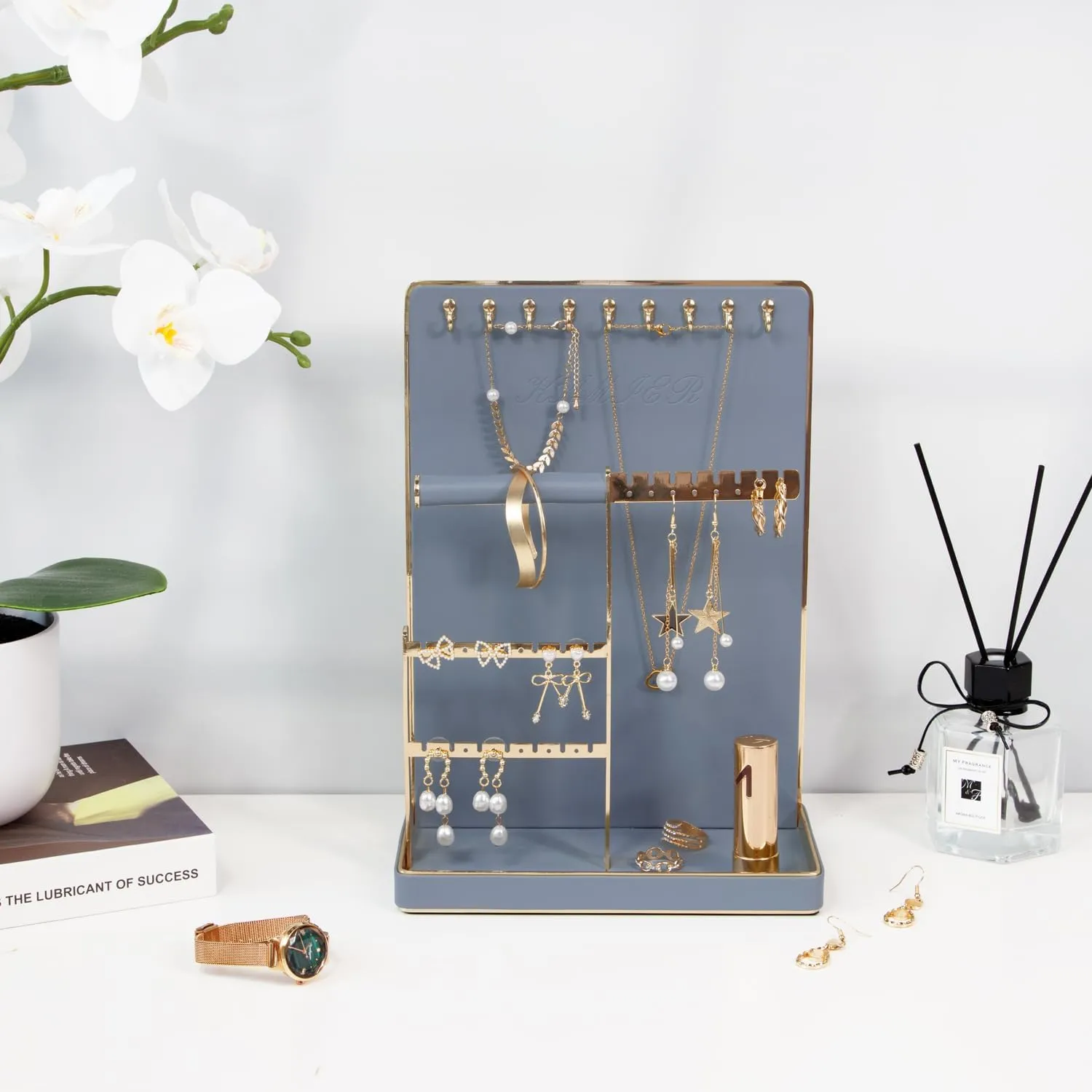 KAMIER Jewelry Organizer Stand for Necklace - 4 Tier Jewelry Holder Organizer with 10 Holes for Earring Organizer - Aesthetic Jewellery Rack Tower Bracelets Storage for Girls,Bluish Grey