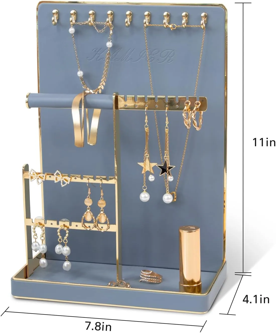 KAMIER Jewelry Organizer Stand for Necklace - 4 Tier Jewelry Holder Organizer with 10 Holes for Earring Organizer - Aesthetic Jewellery Rack Tower Bracelets Storage for Girls,Bluish Grey
