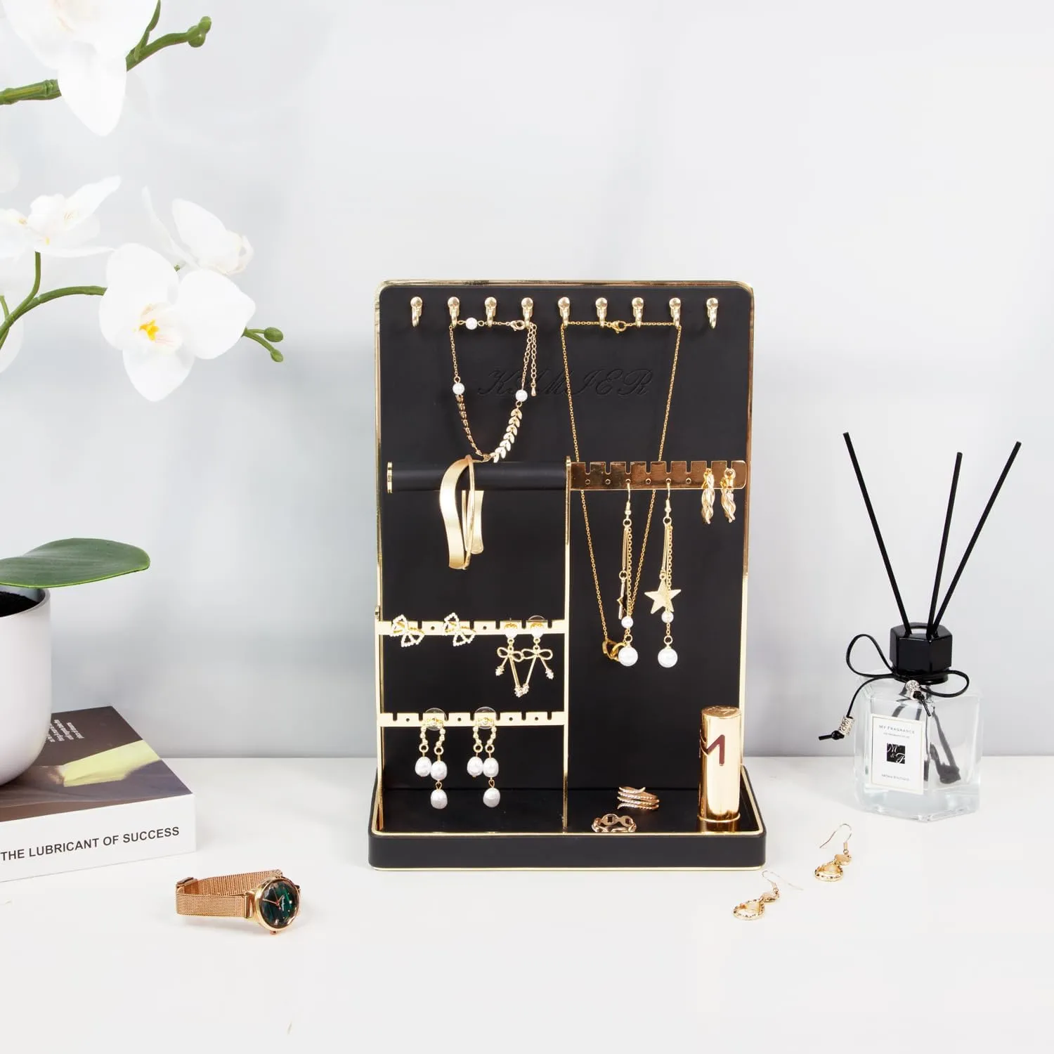 KAMIER Jewelry Organizer Stand for Women - Necklace Holder Earring Organizer Rack with 10 Hooks, Small Cute Aesthetic Jewelry Tower Storage Rack Tree for Bracelets Earrings Rings -Black