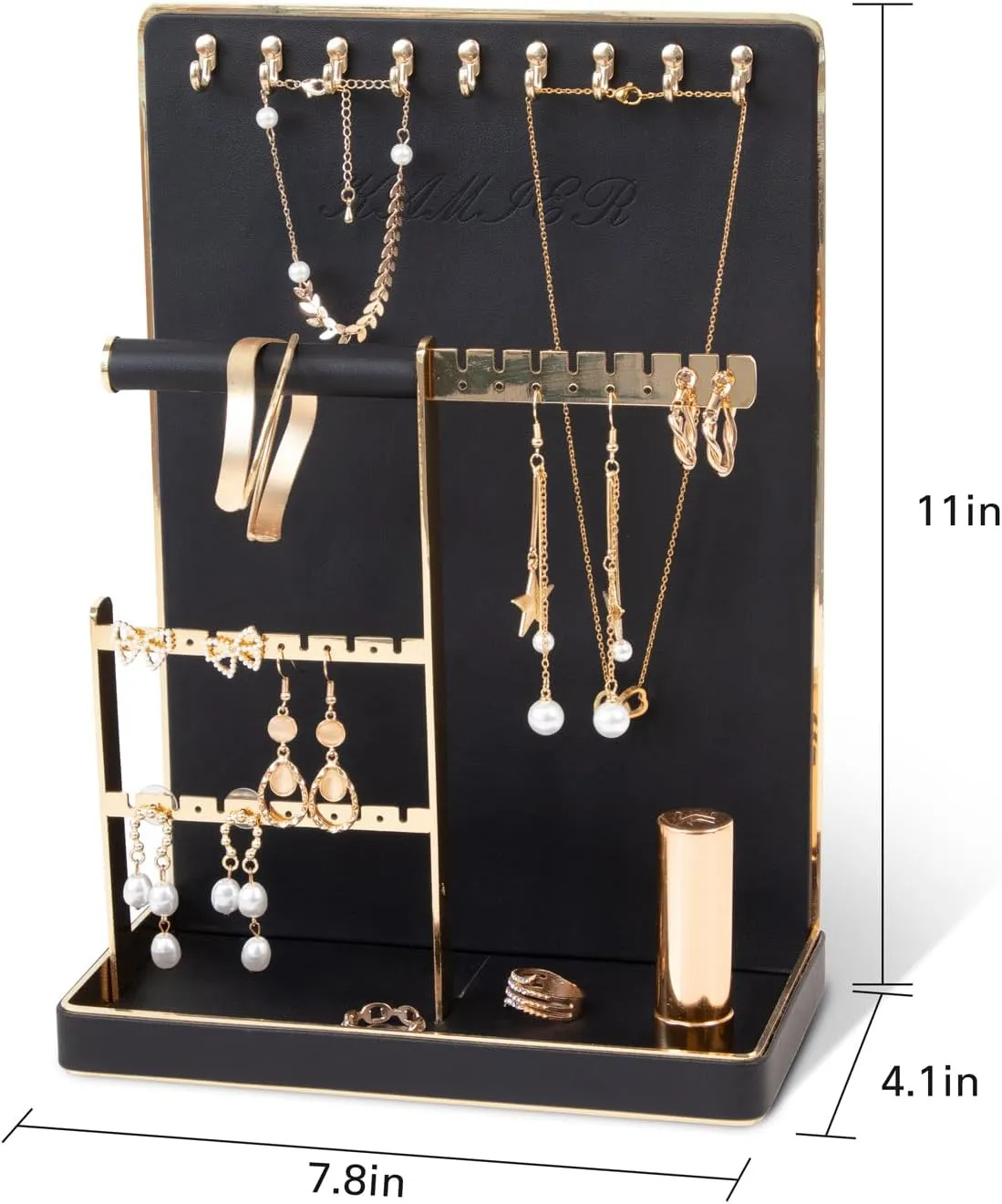 KAMIER Jewelry Organizer Stand for Women - Necklace Holder Earring Organizer Rack with 10 Hooks, Small Cute Aesthetic Jewelry Tower Storage Rack Tree for Bracelets Earrings Rings -Black
