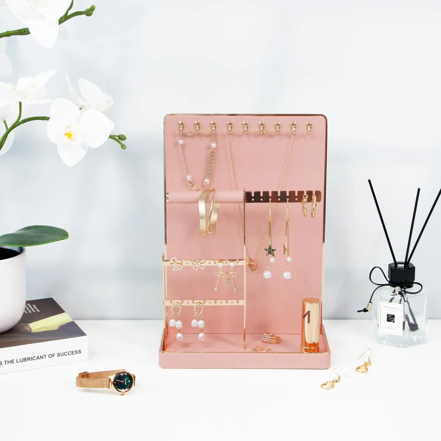 KAMIER Jewelry Organizers and Storage Stand - 4-Tier Cute Earring Holder Organizer Necklace Storage with 10 Hooks - Small Aesthetic Jewelry Tower Rack Tree for Women Girls, Pink