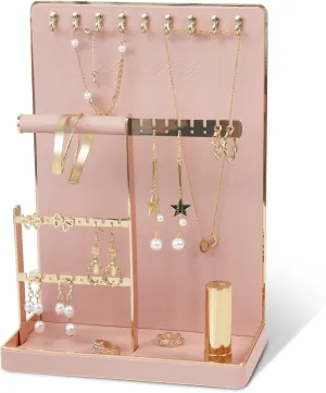 KAMIER Jewelry Organizers and Storage Stand - 4-Tier Cute Earring Holder Organizer Necklace Storage with 10 Hooks - Small Aesthetic Jewelry Tower Rack Tree for Women Girls, Pink