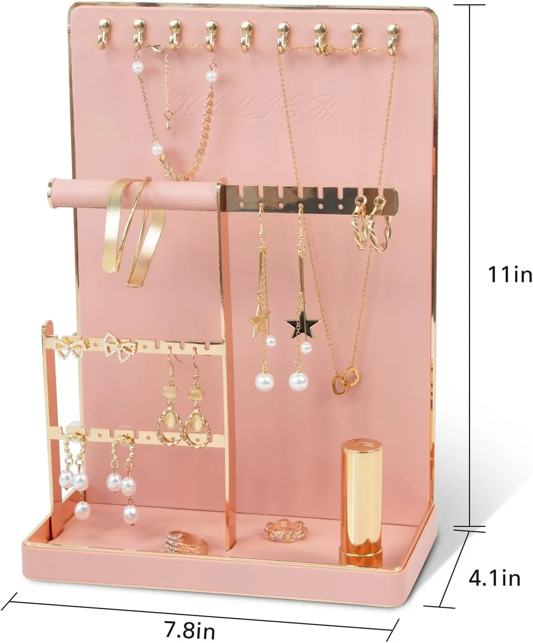 KAMIER Jewelry Organizers and Storage Stand - 4-Tier Cute Earring Holder Organizer Necklace Storage with 10 Hooks - Small Aesthetic Jewelry Tower Rack Tree for Women Girls, Pink