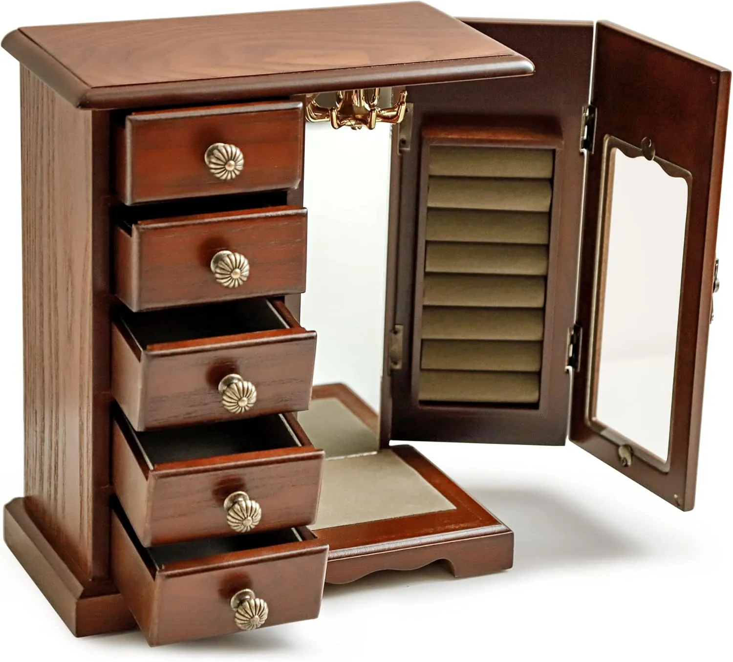 Kendal Wooden Jewelry Box for Women, Solid Jewelry Organizer With 5 Drawer, Jewelry Holder Organizer, Wood Jewelry Case with Butterfly Pattern & Mirror for Necklaces, Earring, Rings (Brown with 5 drawer)