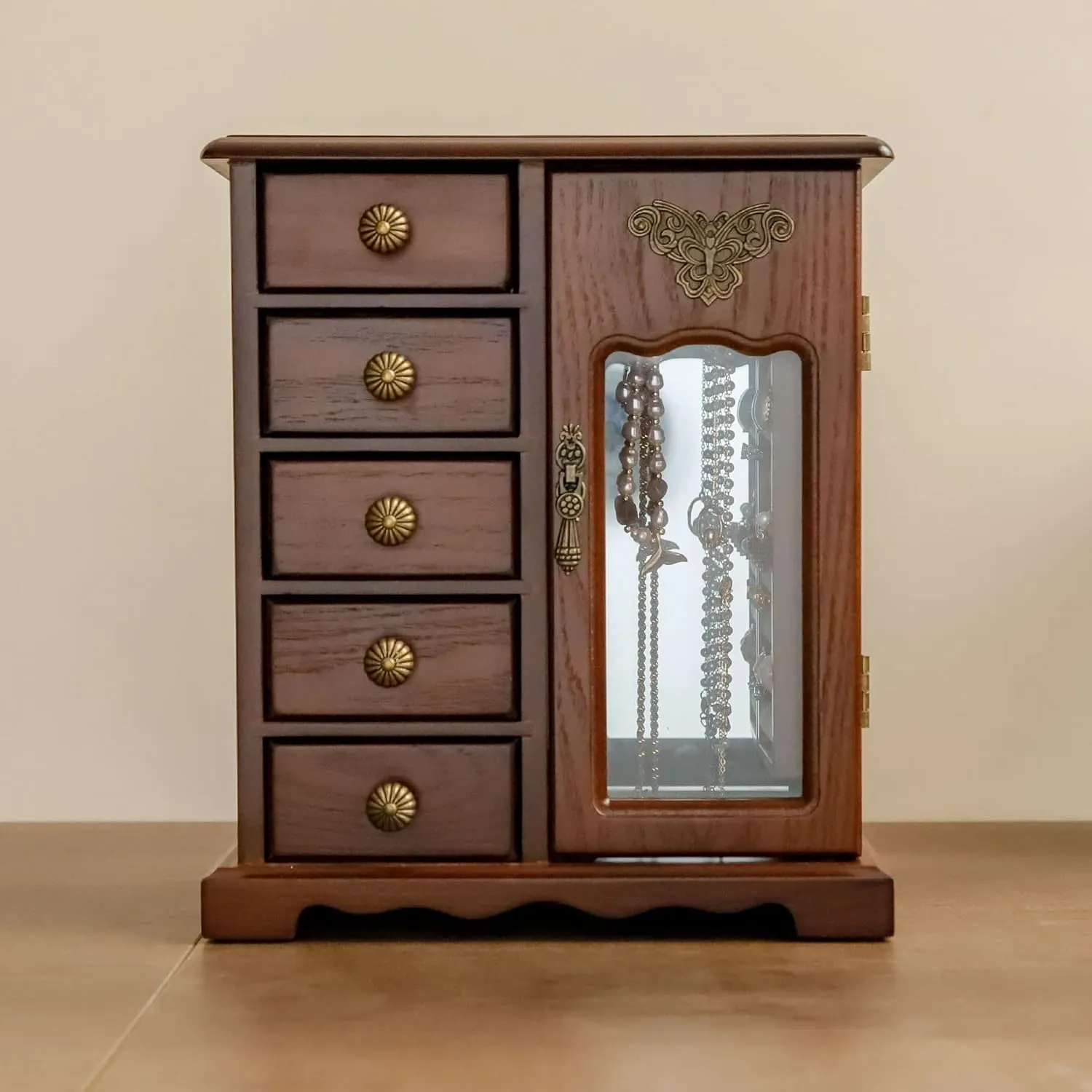 Kendal Wooden Jewelry Box for Women, Solid Jewelry Organizer With 5 Drawer, Jewelry Holder Organizer, Wood Jewelry Case with Butterfly Pattern & Mirror for Necklaces, Earring, Rings (Brown with 5 drawer)