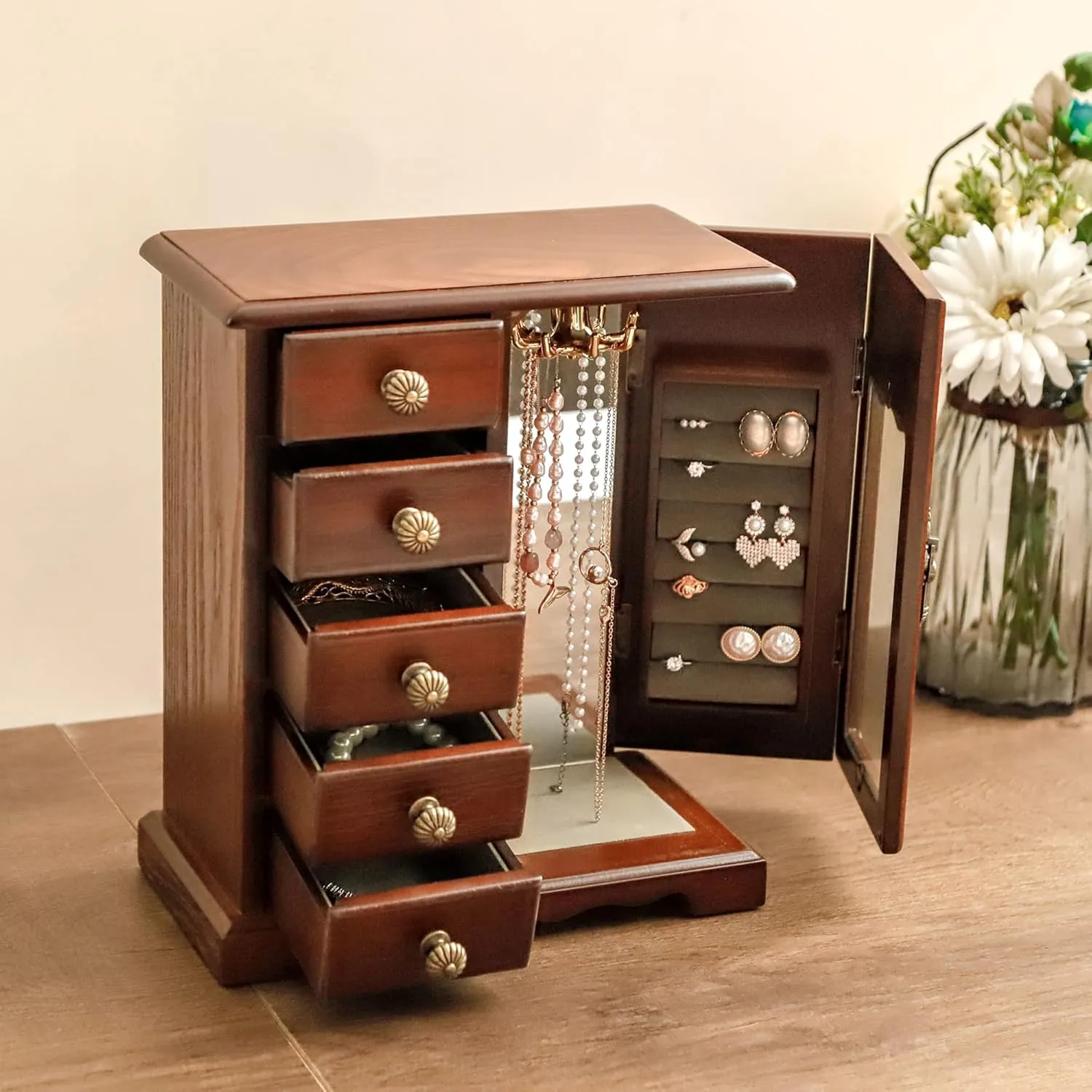 Kendal Wooden Jewelry Box for Women, Solid Jewelry Organizer With 5 Drawer, Jewelry Holder Organizer, Wood Jewelry Case with Butterfly Pattern & Mirror for Necklaces, Earring, Rings (Brown with 5 drawer)