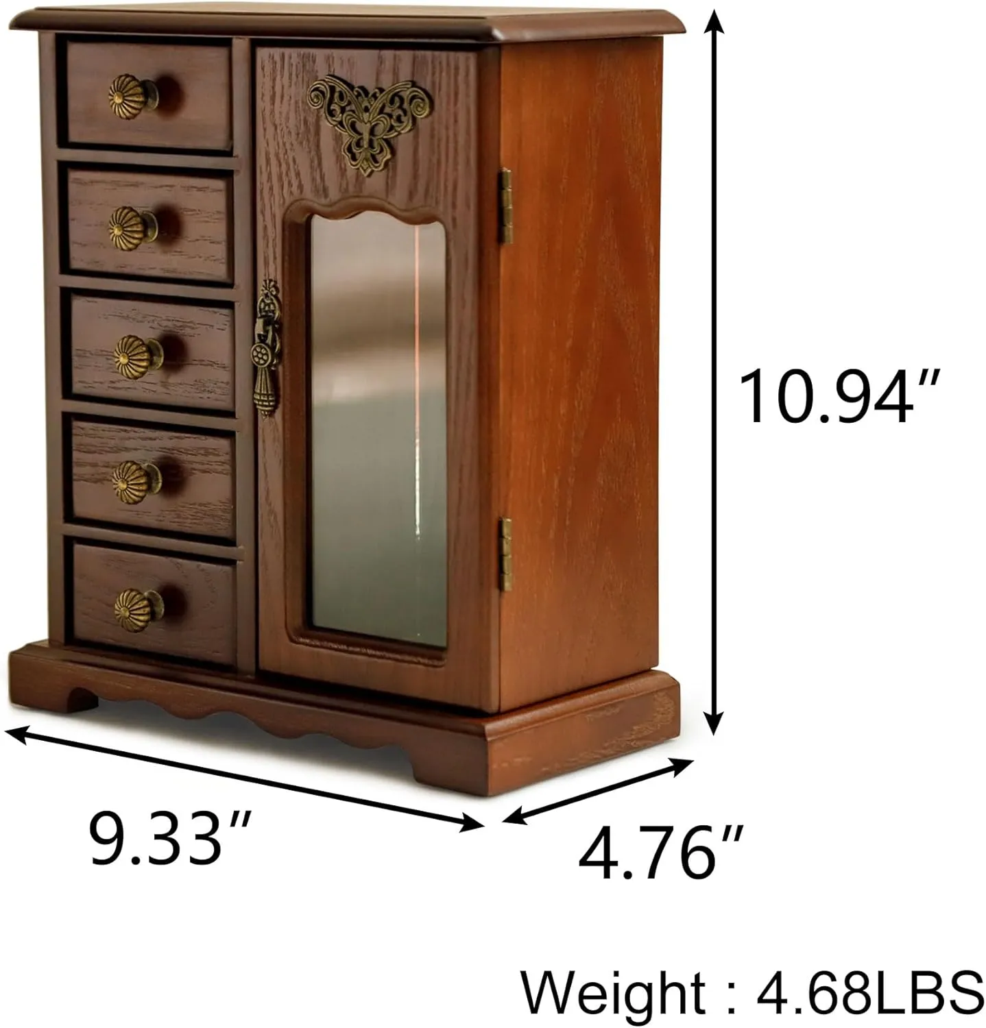 Kendal Wooden Jewelry Box for Women, Solid Jewelry Organizer With 5 Drawer, Jewelry Holder Organizer, Wood Jewelry Case with Butterfly Pattern & Mirror for Necklaces, Earring, Rings (Brown with 5 drawer)