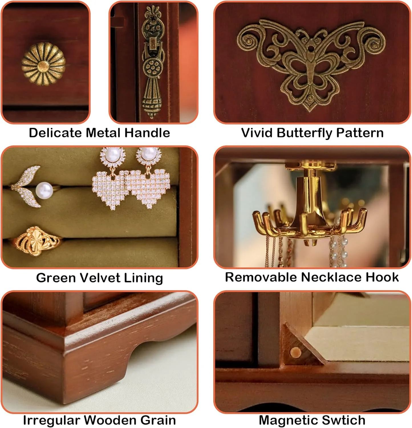Kendal Wooden Jewelry Box for Women, Solid Jewelry Organizer With 5 Drawer, Jewelry Holder Organizer, Wood Jewelry Case with Butterfly Pattern & Mirror for Necklaces, Earring, Rings (Brown with 5 drawer)