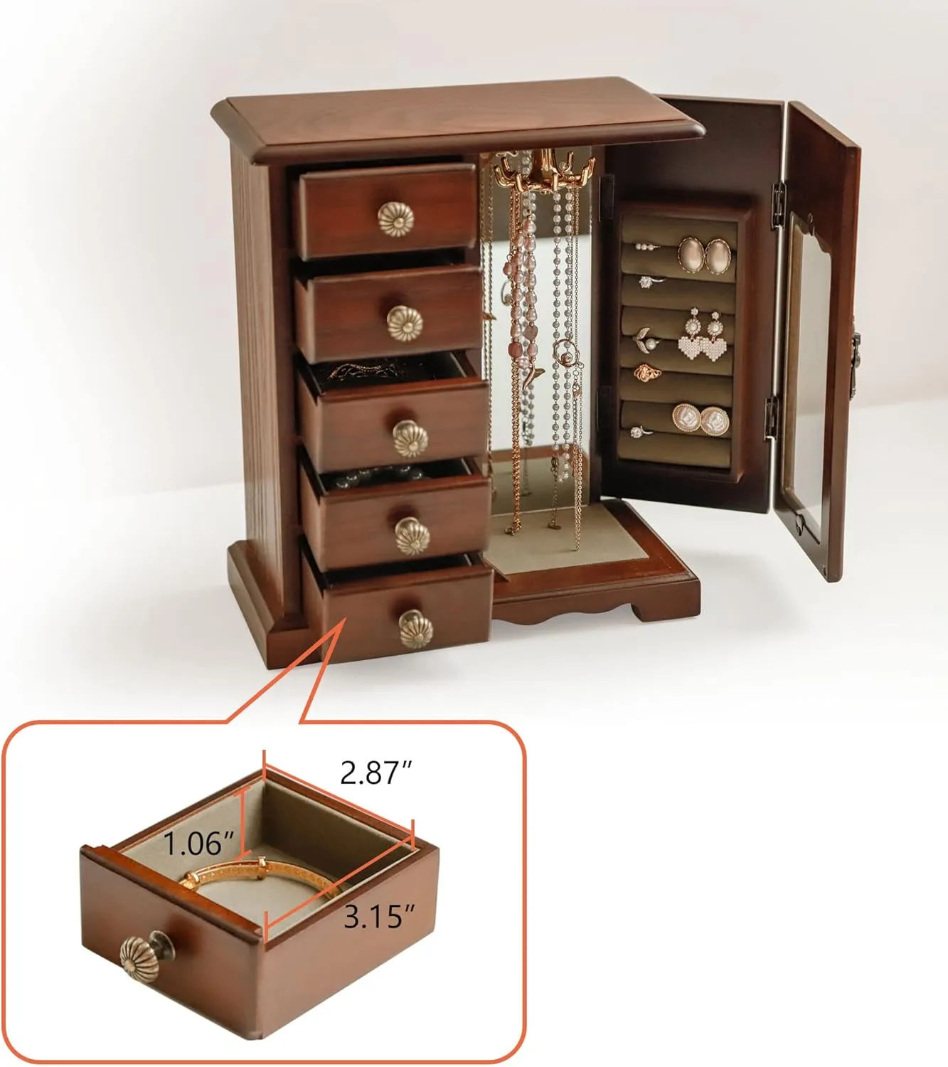 Kendal Wooden Jewelry Box for Women, Solid Jewelry Organizer With 5 Drawer, Jewelry Holder Organizer, Wood Jewelry Case with Butterfly Pattern & Mirror for Necklaces, Earring, Rings (Brown with 5 drawer)