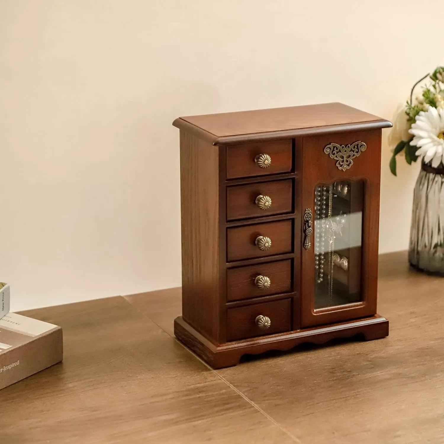 Kendal Wooden Jewelry Box for Women, Solid Jewelry Organizer With 5 Drawer, Jewelry Holder Organizer, Wood Jewelry Case with Butterfly Pattern & Mirror for Necklaces, Earring, Rings (Brown with 5 drawer)