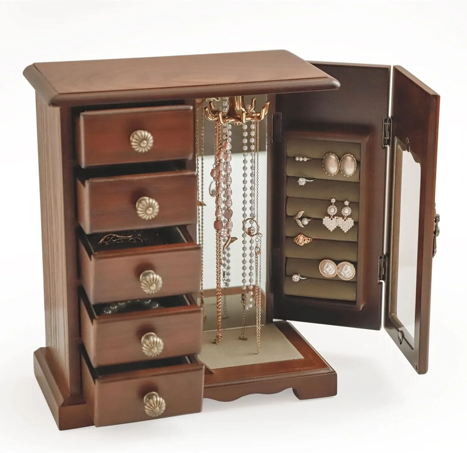 Kendal Wooden Jewelry Box for Women, Solid Jewelry Organizer With 5 Drawer, Jewelry Holder Organizer, Wood Jewelry Case with Butterfly Pattern & Mirror for Necklaces, Earring, Rings (Brown with 5 drawer)