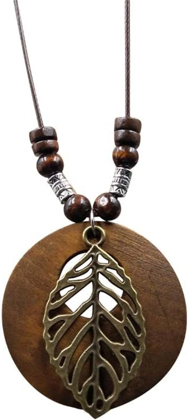 KIFEDSLJ Wooden Pendant Necklace with Owl Leaf Elephant Flower Handmade Vintage Bronze Leaf Long Leather Chain Sweater Necklace for Women