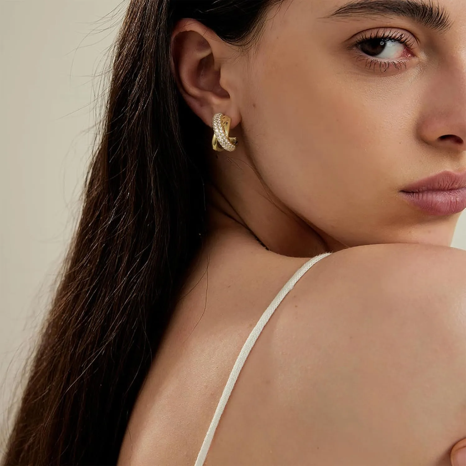 KissYan Hoop Earrings for Women, 14K Gold Plated Cubic Zirconia Triple Open Hoops C Shape Wrap Earrings Trendy Jewelry Gifts