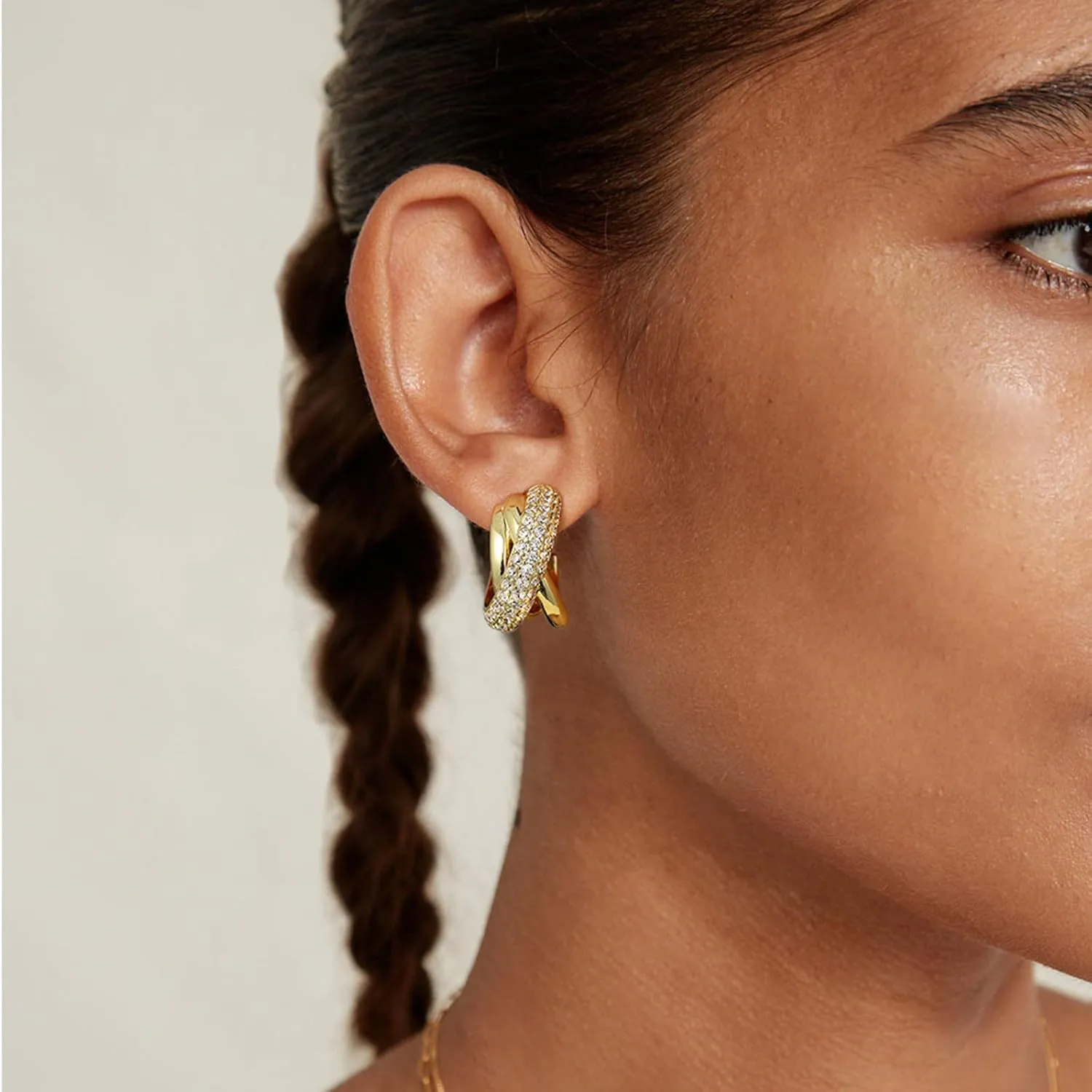 KissYan Hoop Earrings for Women, 14K Gold Plated Cubic Zirconia Triple Open Hoops C Shape Wrap Earrings Trendy Jewelry Gifts