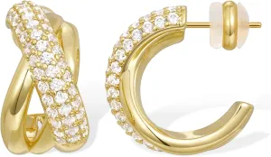 KissYan Hoop Earrings for Women, 14K Gold Plated Cubic Zirconia Triple Open Hoops C Shape Wrap Earrings Trendy Jewelry Gifts