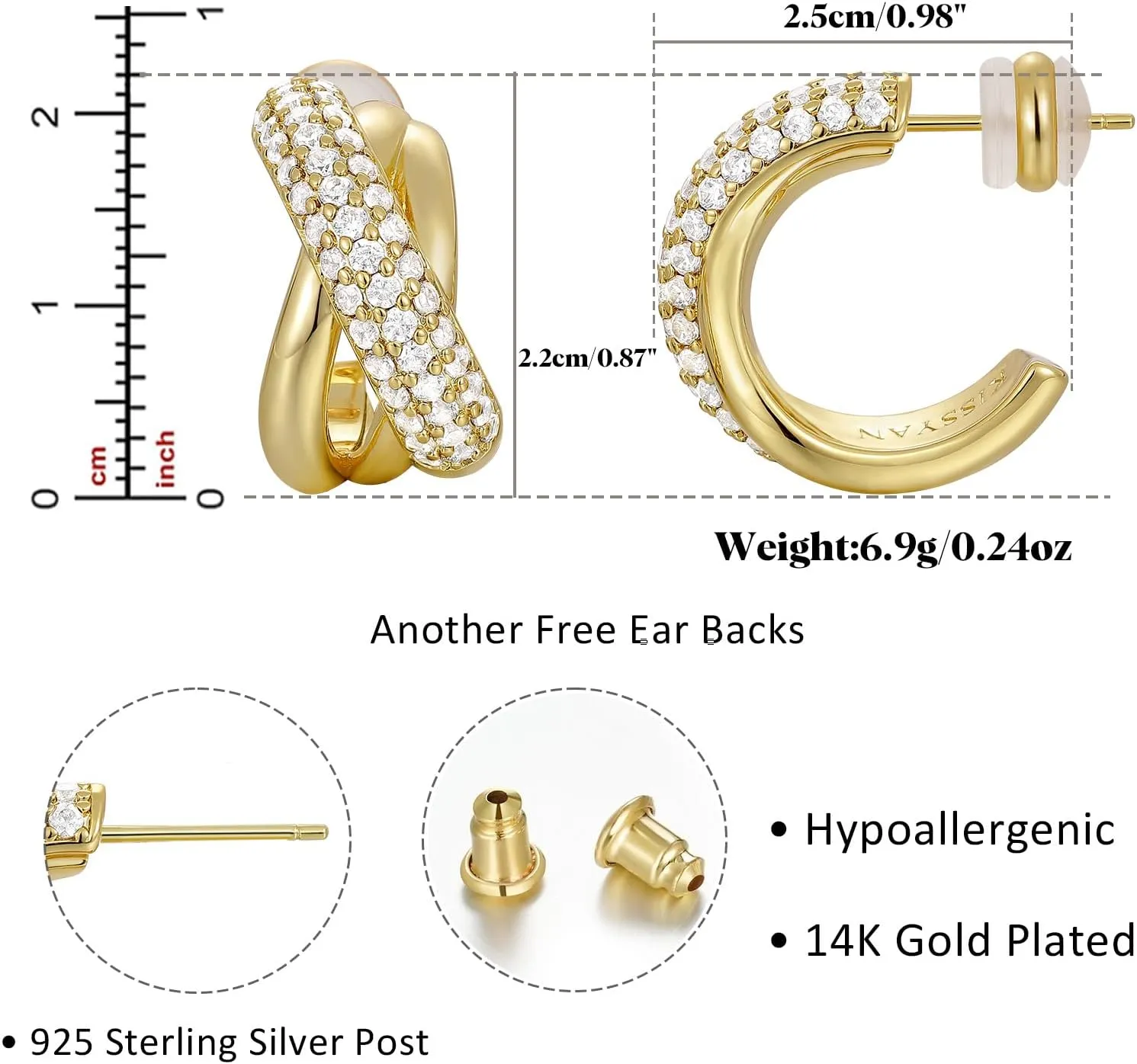 KissYan Hoop Earrings for Women, 14K Gold Plated Cubic Zirconia Triple Open Hoops C Shape Wrap Earrings Trendy Jewelry Gifts