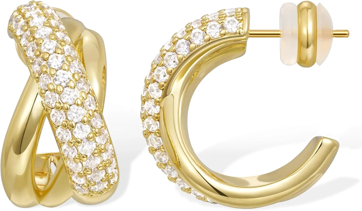 KissYan Hoop Earrings for Women, 14K Gold Plated Cubic Zirconia Triple Open Hoops C Shape Wrap Earrings Trendy Jewelry Gifts