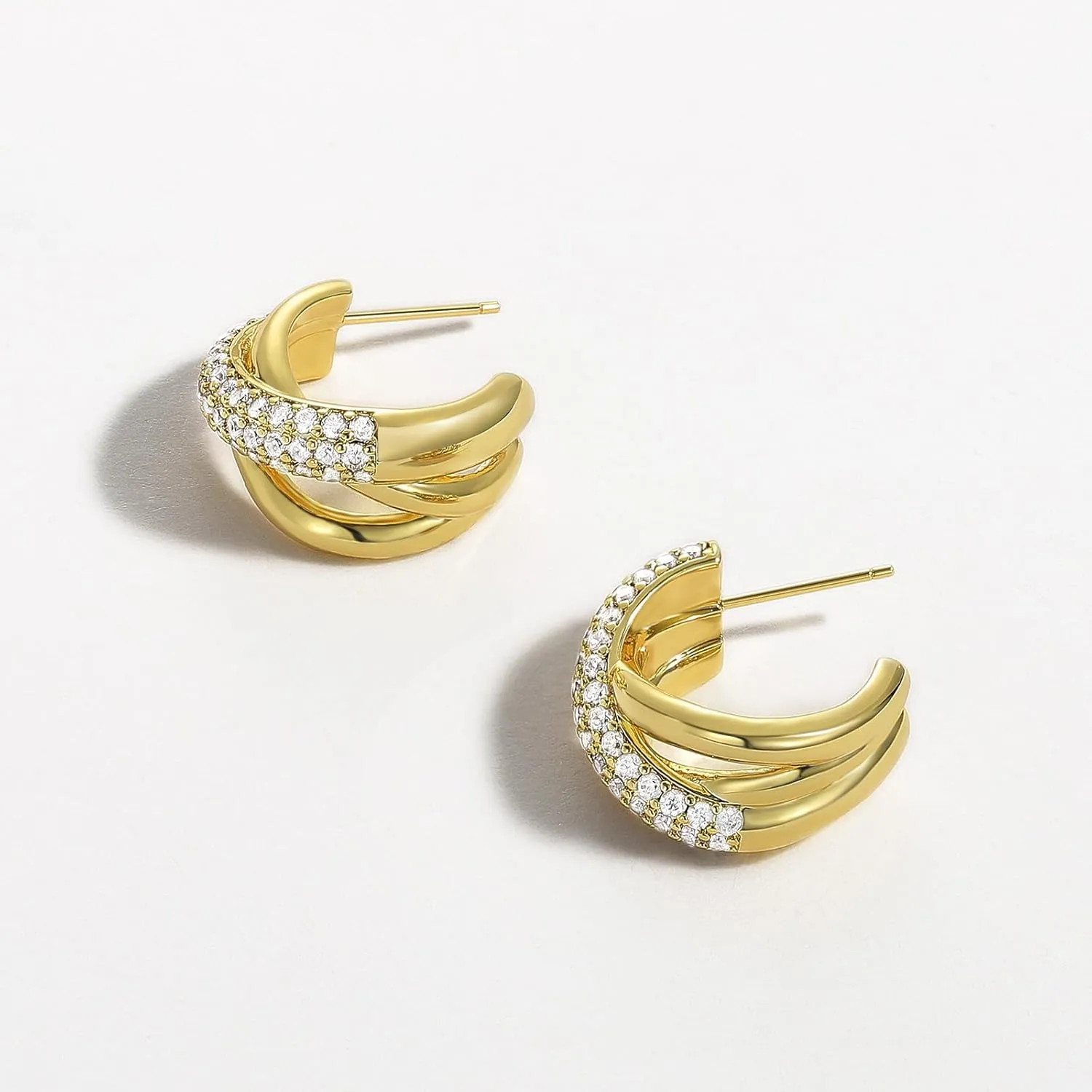 KissYan Hoop Earrings for Women, 14K Gold Plated Cubic Zirconia Triple Open Hoops C Shape Wrap Earrings Trendy Jewelry Gifts