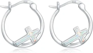 Kootwo Cross Earrings 925 Sterling Silver Small Huggie Cross Hoop Earrings Blue Opal/Black Gold/Abalone Shell/Rose Gold/Opal Jewelry Gifts for Women Men