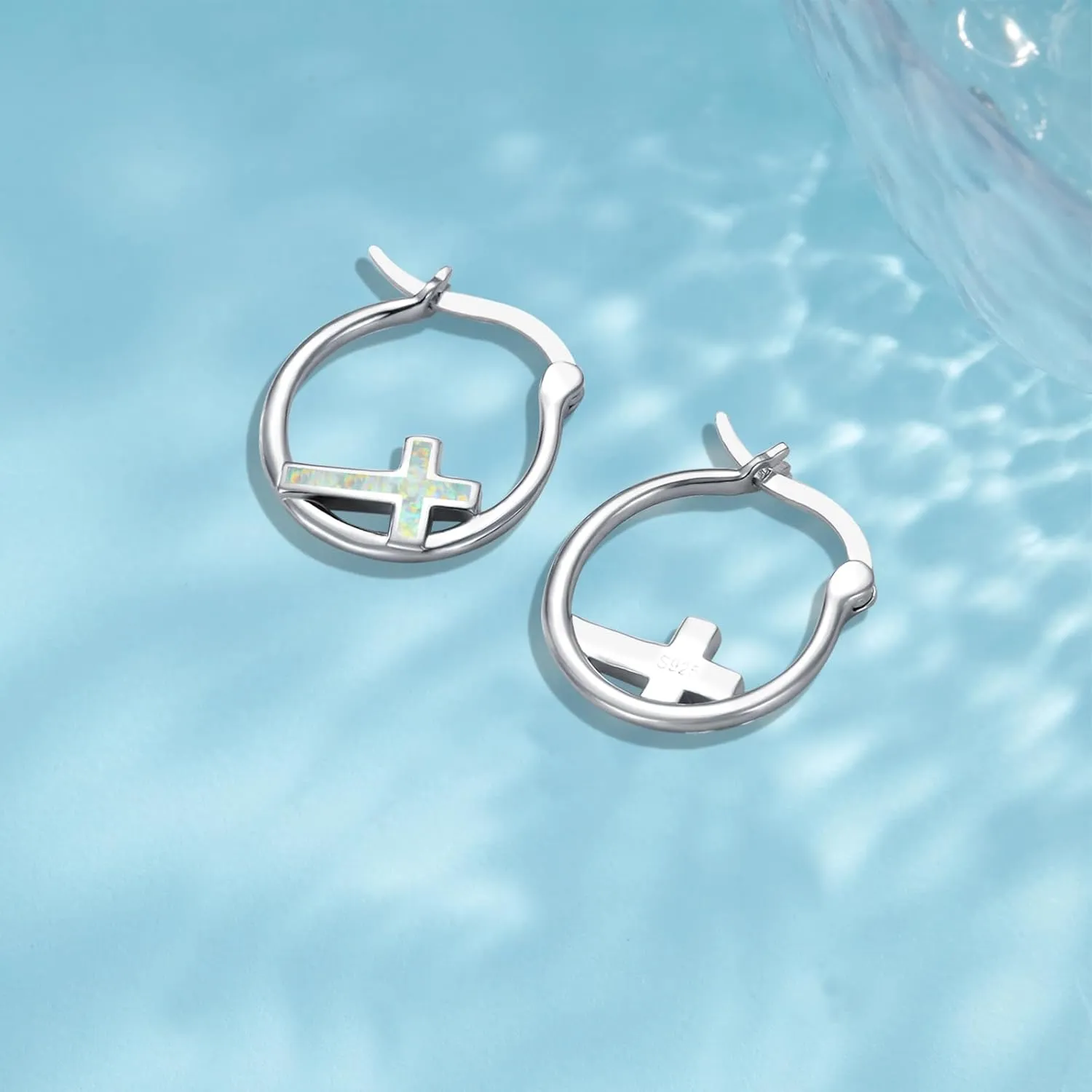Kootwo Cross Earrings 925 Sterling Silver Small Huggie Cross Hoop Earrings Blue Opal/Black Gold/Abalone Shell/Rose Gold/Opal Jewelry Gifts for Women Men
