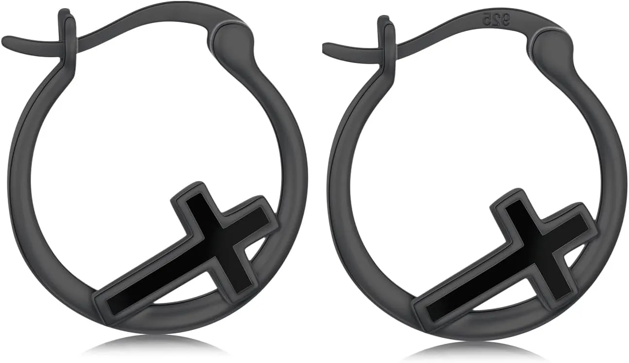 Kootwo Cross Earrings 925 Sterling Silver Small Huggie Cross Hoop Earrings Blue Opal/Black Gold/Abalone Shell/Rose Gold/Opal Jewelry Gifts for Women Men