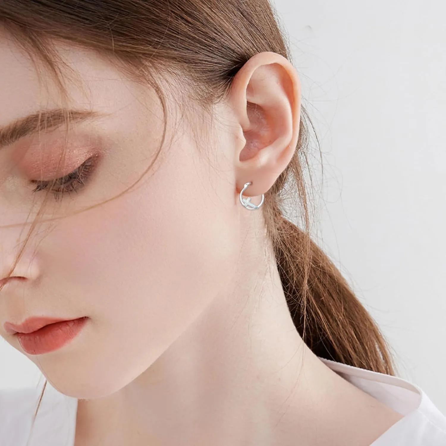 Kootwo Cross Earrings 925 Sterling Silver Small Huggie Cross Hoop Earrings Blue Opal/Black Gold/Abalone Shell/Rose Gold/Opal Jewelry Gifts for Women Men
