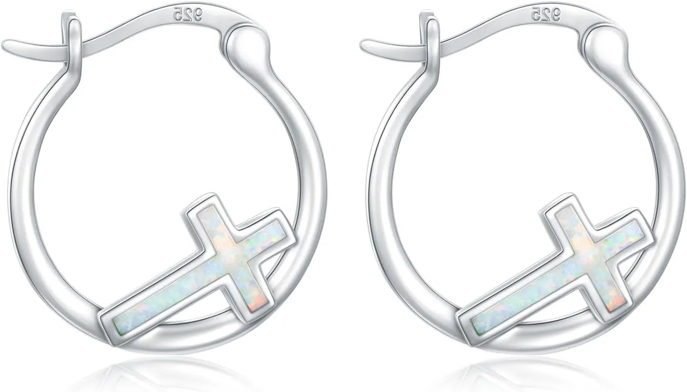 Kootwo Cross Earrings 925 Sterling Silver Small Huggie Cross Hoop Earrings Blue Opal/Black Gold/Abalone Shell/Rose Gold/Opal Jewelry Gifts for Women Men