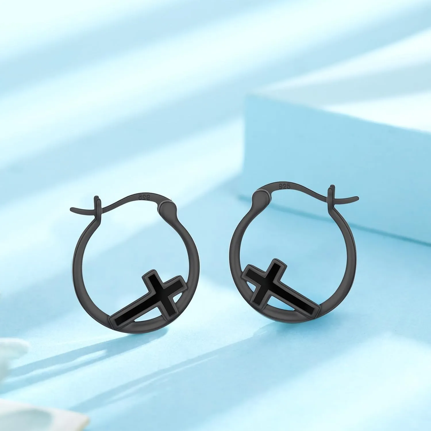 Kootwo Cross Earrings 925 Sterling Silver Small Huggie Cross Hoop Earrings Blue Opal/Black Gold/Abalone Shell/Rose Gold/Opal Jewelry Gifts for Women Men