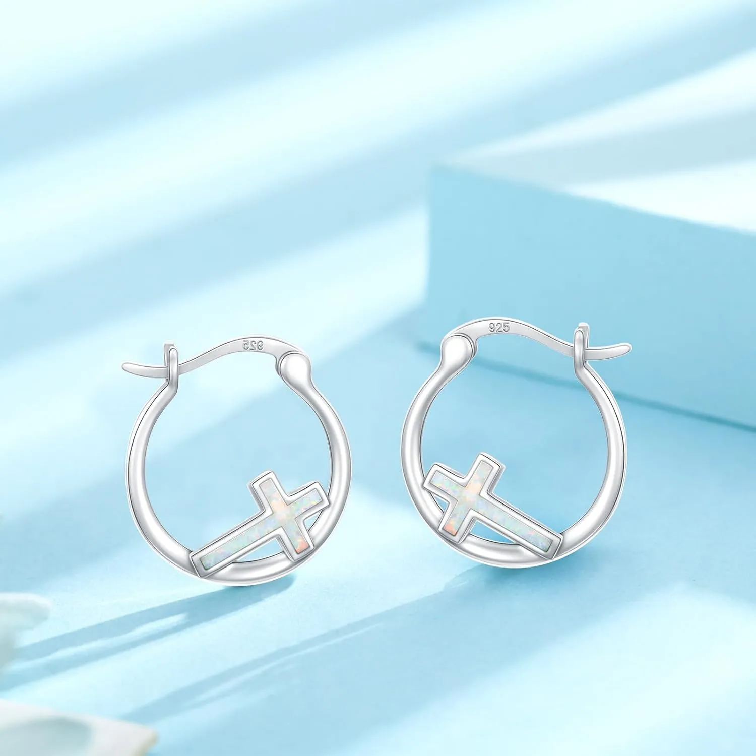 Kootwo Cross Earrings 925 Sterling Silver Small Huggie Cross Hoop Earrings Blue Opal/Black Gold/Abalone Shell/Rose Gold/Opal Jewelry Gifts for Women Men
