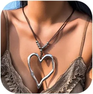 Large Heart Necklace for Women Leather Chain Hollow Out Heart Pendant Layer Necklace Boho Jewelry