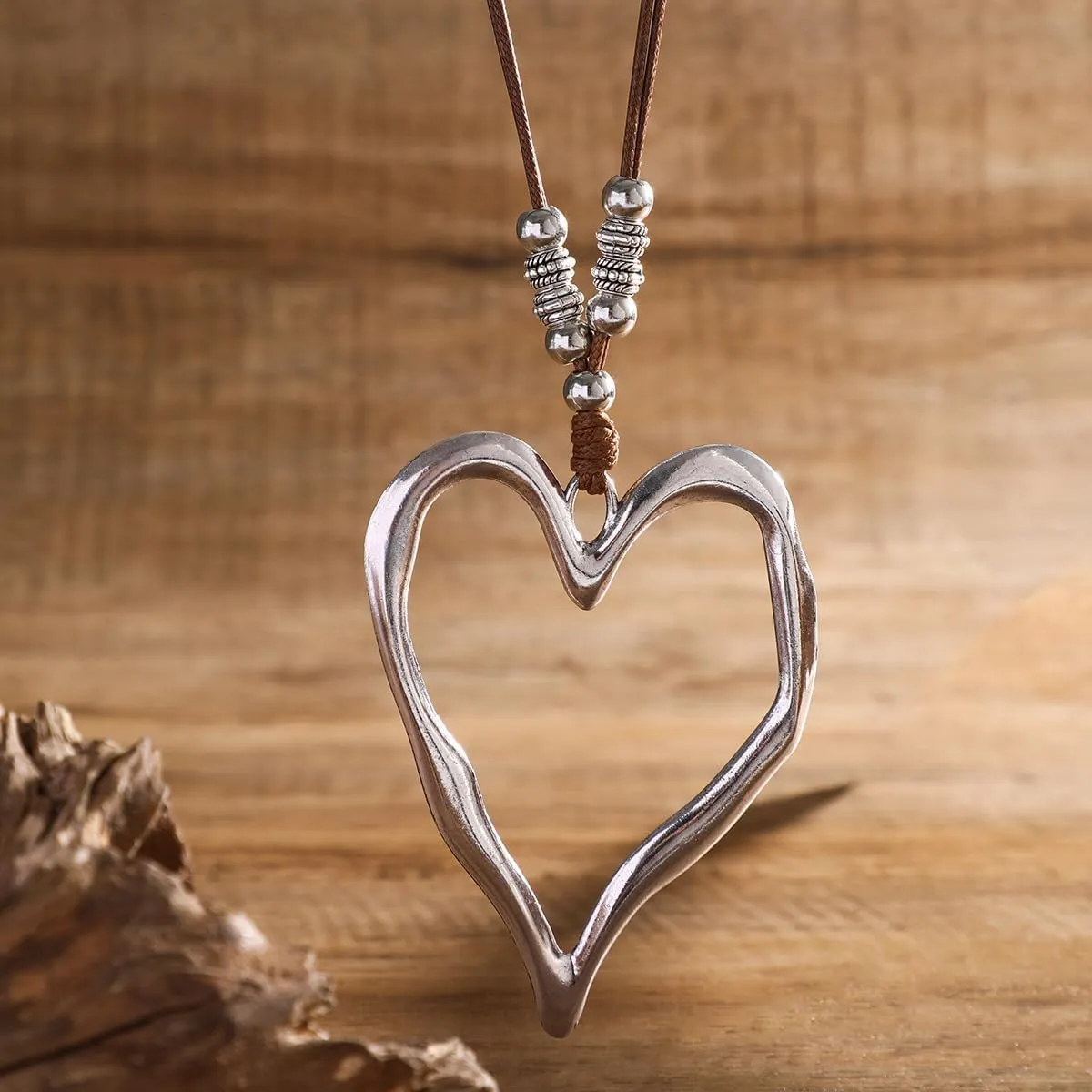 Large Heart Necklace for Women Leather Chain Hollow Out Heart Pendant Layer Necklace Boho Jewelry