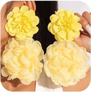 Large Yellow Flower Earrings for Women Statement, Boho Exaggerated Big Fluffy Fabric Flowers Earring Charm Romantic Y2k Party Prom Ear Jewelry Gifts Accessories