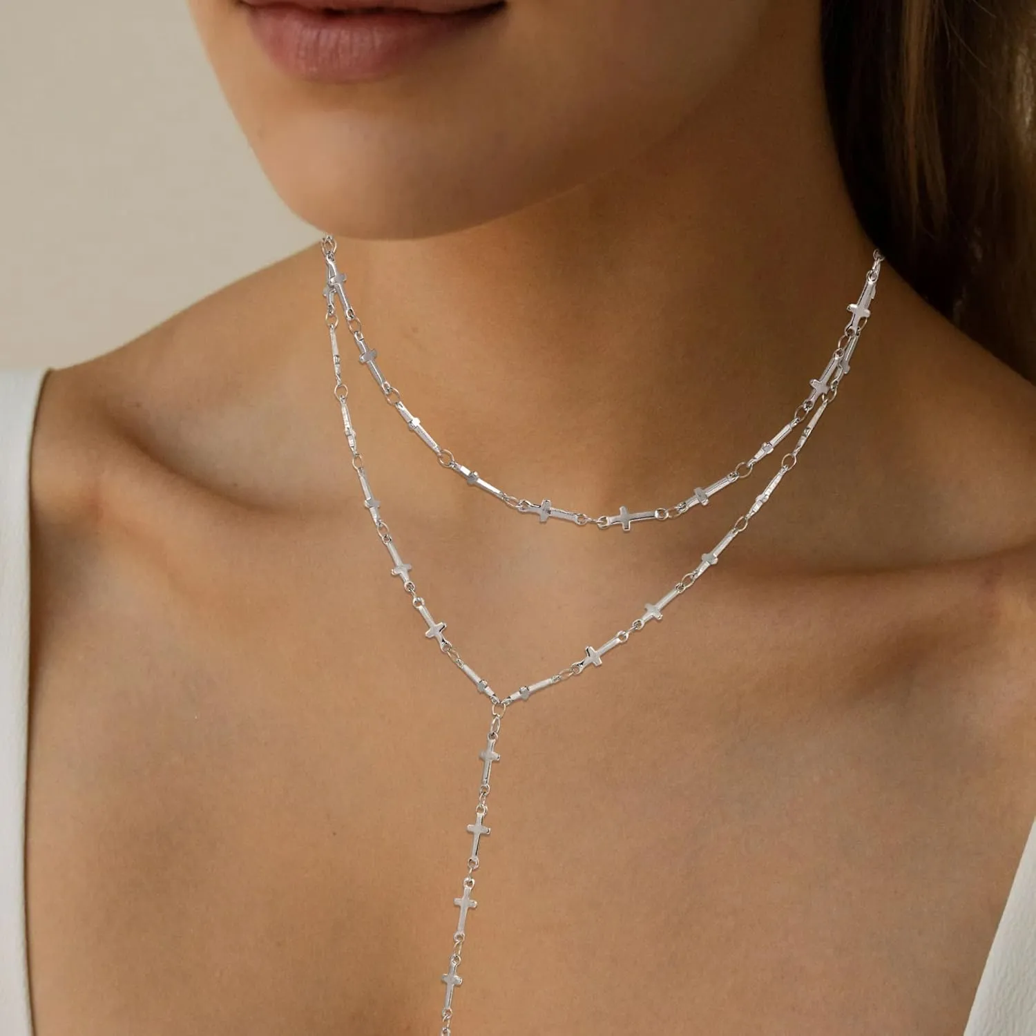 Lariat Silver Necklace for Women, Dainty Long Necklace Silver Y-Shaped Layered Beaded Chain Drop Necklaces for Women Trendy Simple Silver Jewelry for Women Gifts