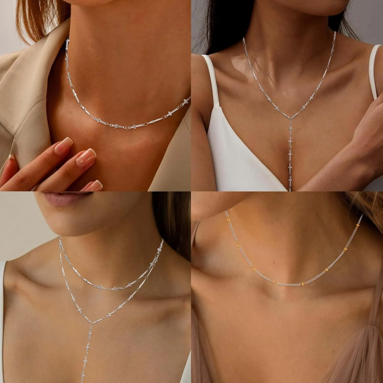 Lariat Silver Necklace for Women, Dainty Long Necklace Silver Y-Shaped Layered Beaded Chain Drop Necklaces for Women Trendy Simple Silver Jewelry for Women Gifts