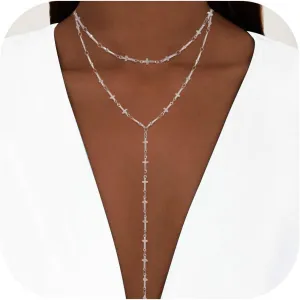 Lariat Silver Necklace for Women, Dainty Long Necklace Silver Y-Shaped Layered Beaded Chain Drop Necklaces for Women Trendy Simple Silver Jewelry for Women Gifts