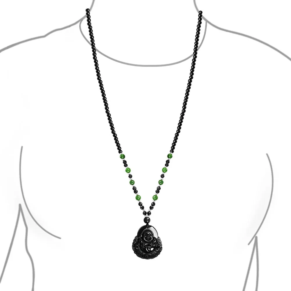 Laughing Buddha Unisex Pendant Brown Green Black Necklace Carved Glass