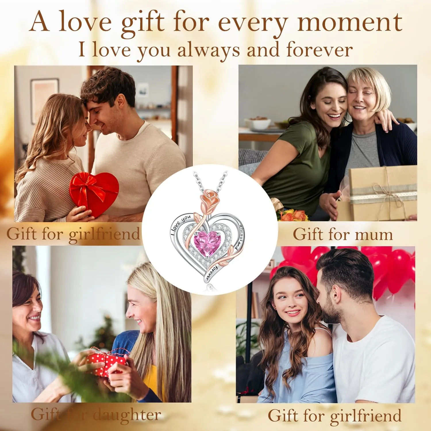 LAVUMO Necklace for Women 925 Silver Double Heart Rose Flower Birthstone Pandent Womens Necklaces Mother's Day Birthday Jewelry Gifts for Women Mom Girlfriend