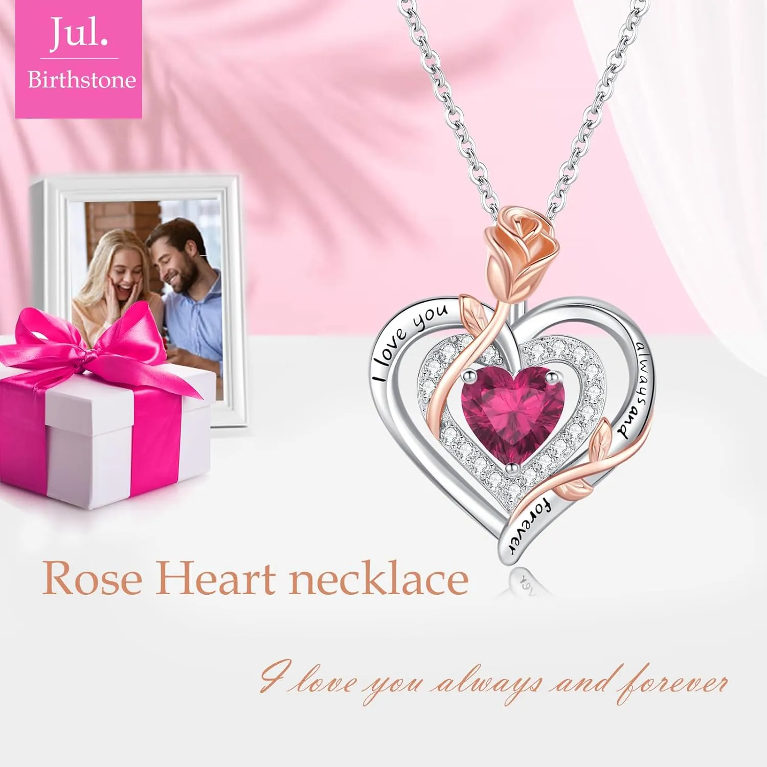 LAVUMO Necklace for Women 925 Silver Double Heart Rose Flower Birthstone Pandent Womens Necklaces Mother's Day Birthday Jewelry Gifts for Women Mom Girlfriend