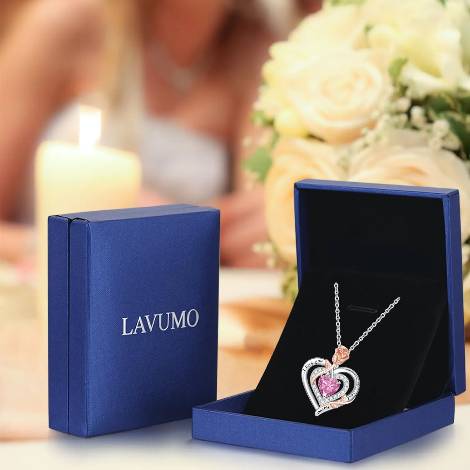 LAVUMO Necklace for Women 925 Silver Double Heart Rose Flower Birthstone Pandent Womens Necklaces Mother's Day Birthday Jewelry Gifts for Women Mom Girlfriend