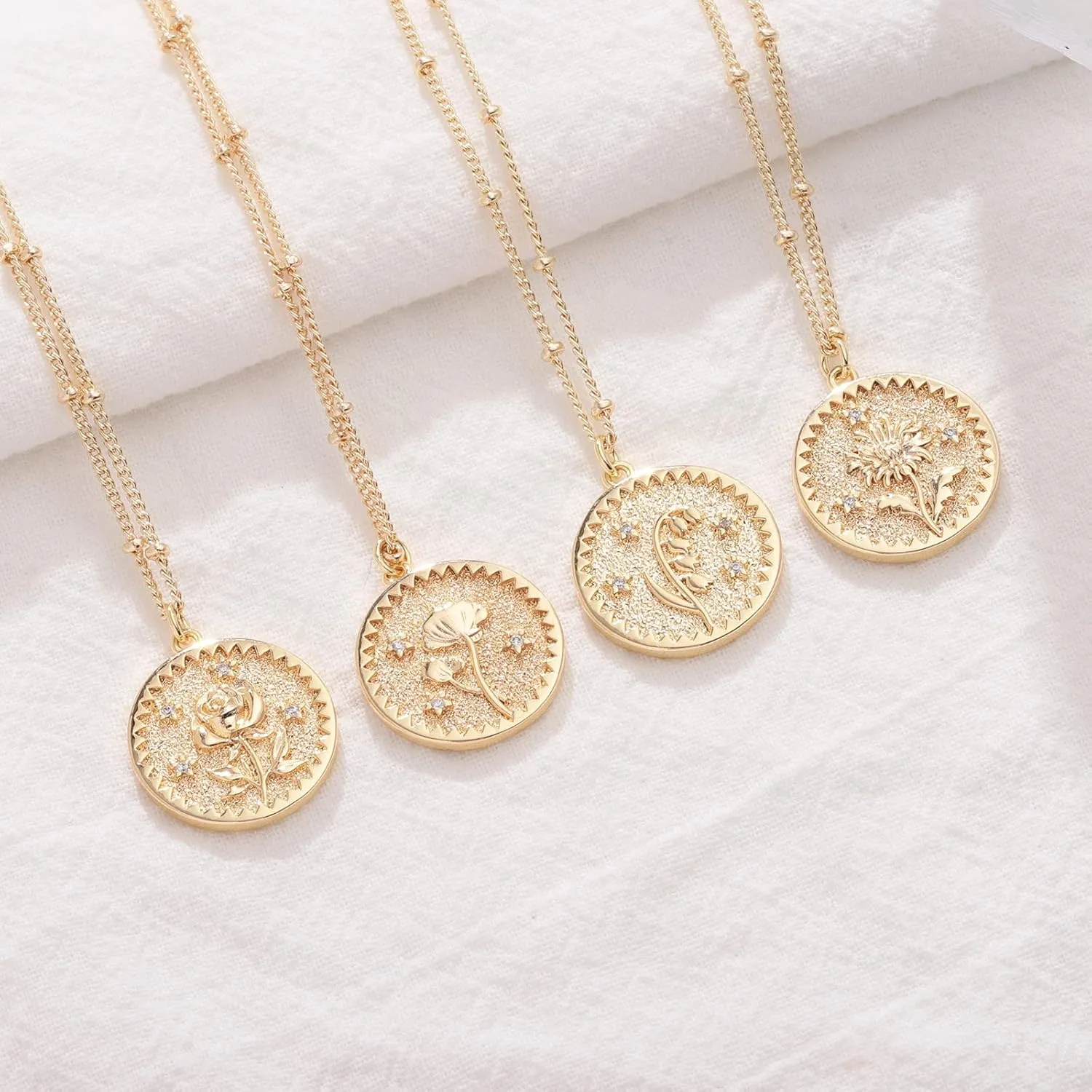 Layered Birth Flower Necklace for Women 18K Gold Plated Double Layered Engraved Custom Floral Pendant Dainty Birth Month Flower Disc Coin Necklaces Personalized Jewelry
