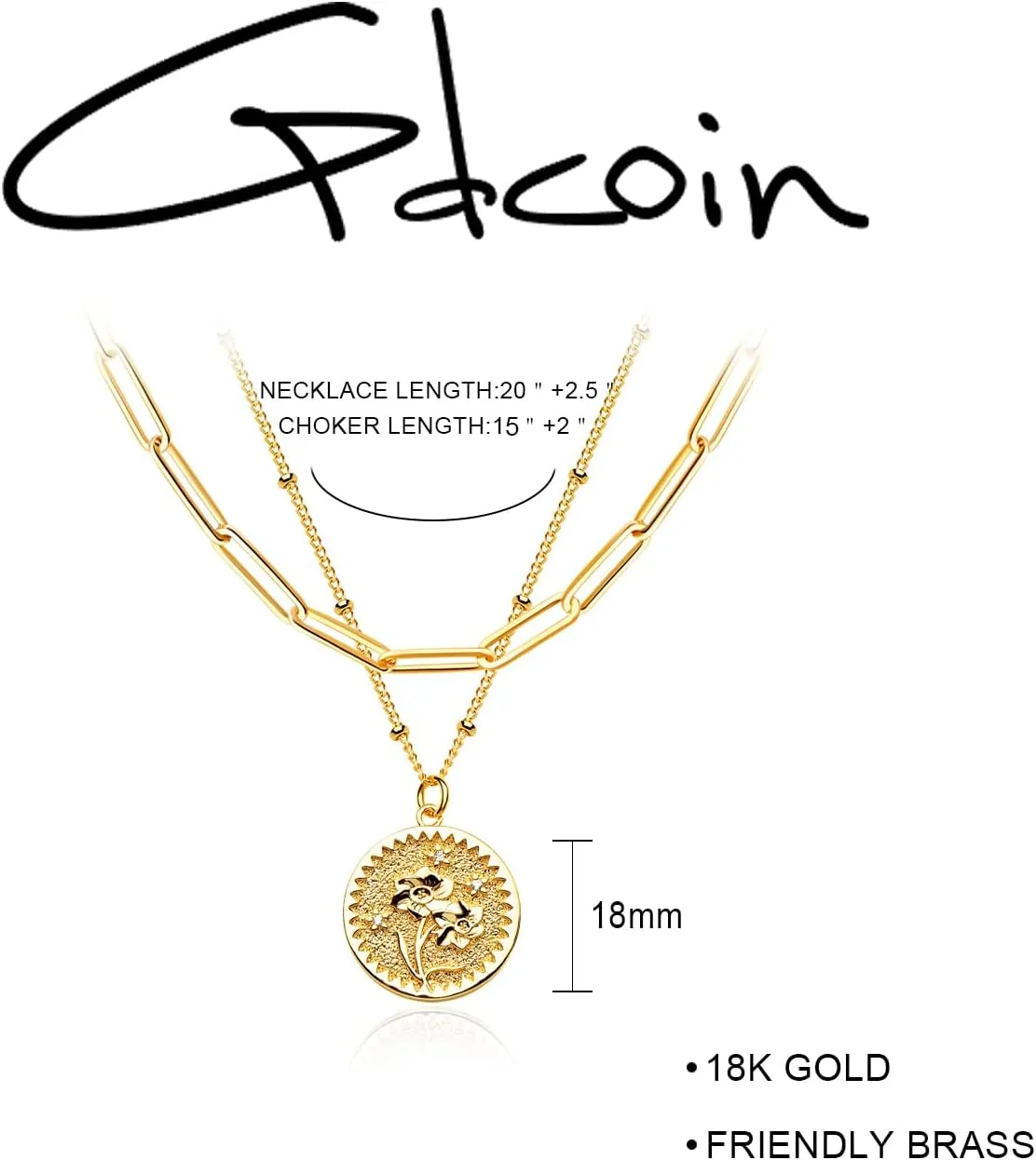 Layered Birth Flower Necklace for Women 18K Gold Plated Double Layered Engraved Custom Floral Pendant Dainty Birth Month Flower Disc Coin Necklaces Personalized Jewelry